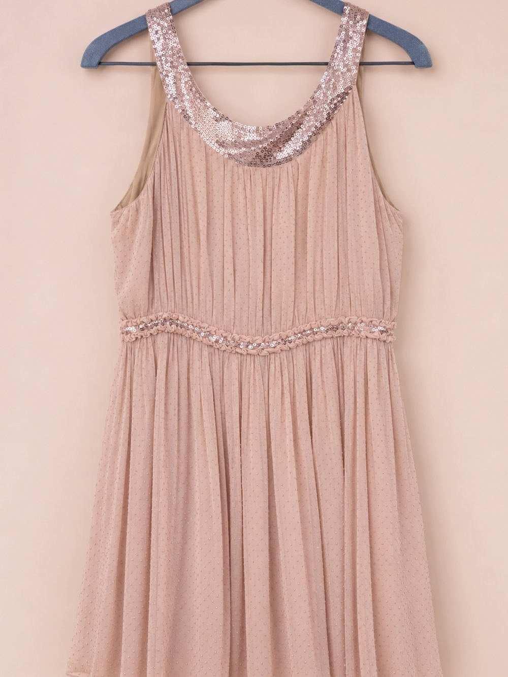 Sleeveless Beige Midi Dress with Sequin Trim